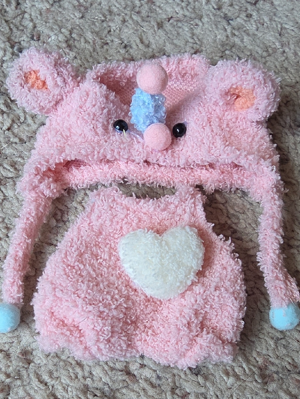 Labubu Plush Pink Bear Hat and Heart Overalls Set